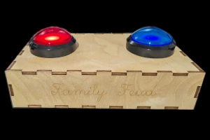 Wooden box with red and blue buzzers on top